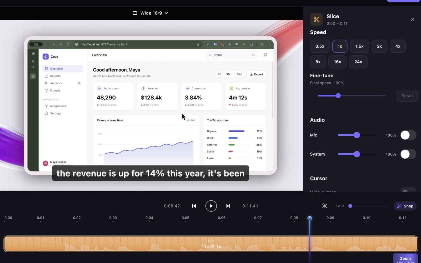 The Slipreel editor with separate microphone and system audio tracks, each with its own volume and mute controls.