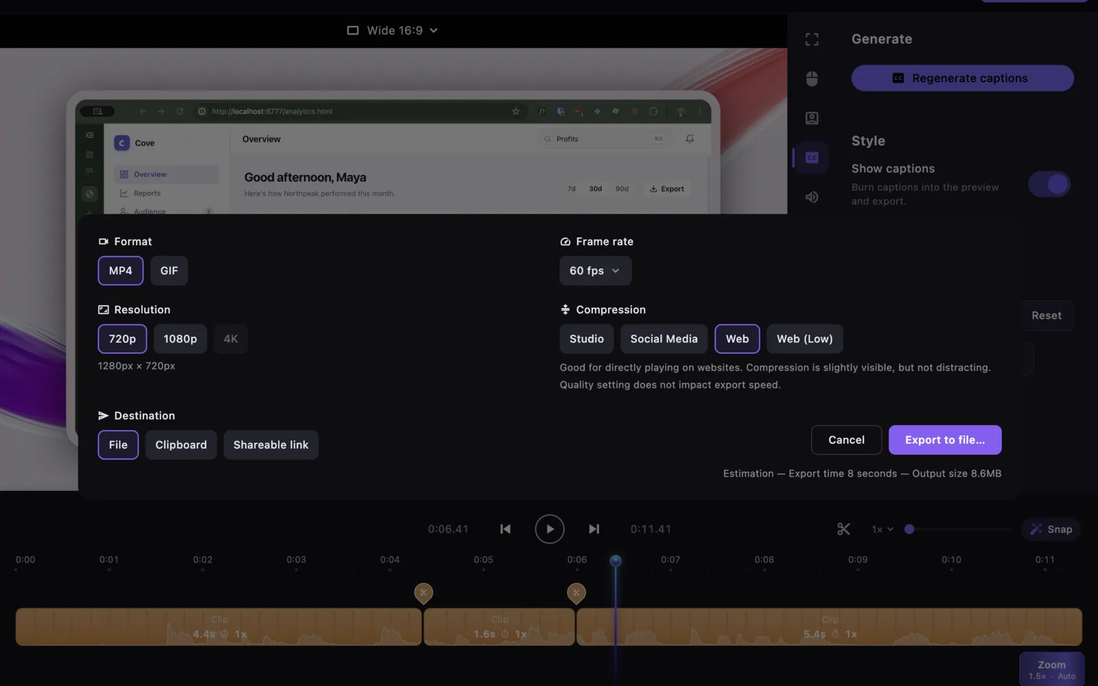 The export panel with MP4 and GIF options and an aspect ratio picker, matching the editor preview.